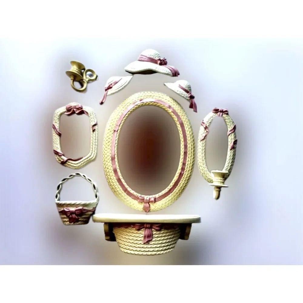 Vtg Homco Home Interiors Burwood White Pink Ribbon Mirror Hats Sconces 8pc Set